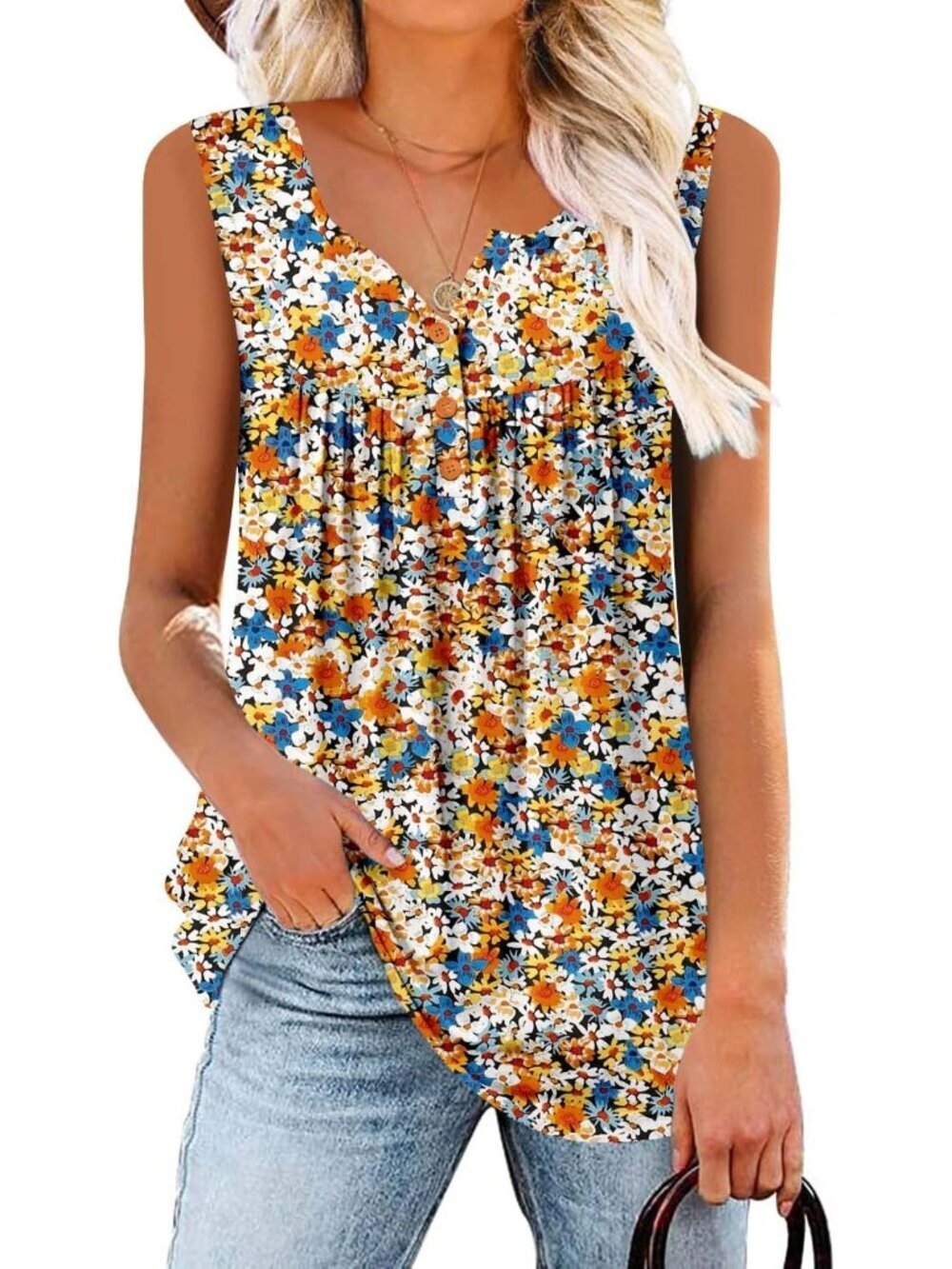 Women's Yellow Tank Tops Pleated Blouse Summer Sleeveless Tops Basic Tunic Shirt